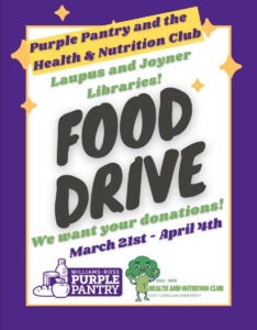 Purple Pantry and the Health & Nutrition Club Laupus and Joyner Libraries! FOOD DRIVE We want your donations! March 21st - April 4th WILLIAMS-ROSS PURPLE PANTRY 2024 - 2025 HEALTH AND NUTRITION CLUB EAST CAROLINA UNIVERSITY