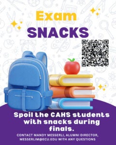 Flyer with backpack, books and an apple. Exam Snacks - Spoin the CAHS students with snacks during finals